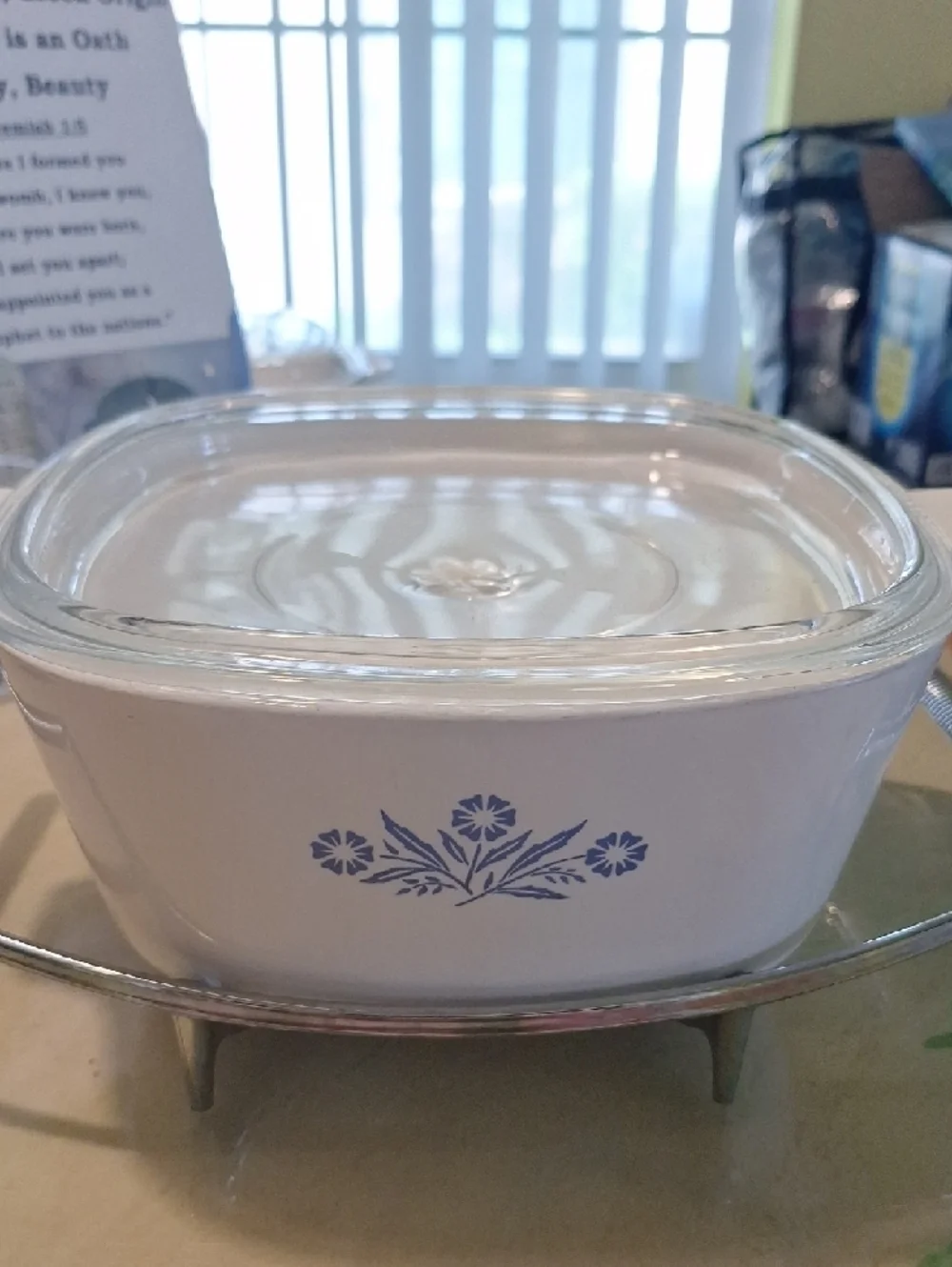 Corningware White Casserole w/ Blue Floral Motif Glass Lid And Trivit